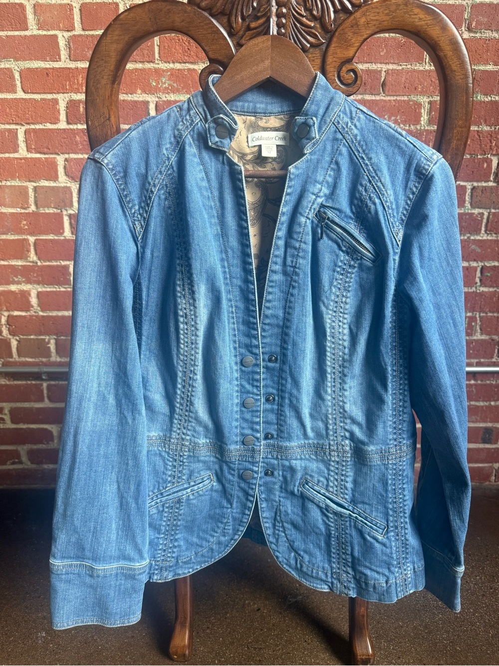 Coldwater Creek Denim Jacket Blazer Size 12 | Snap Front | Paisley Lined